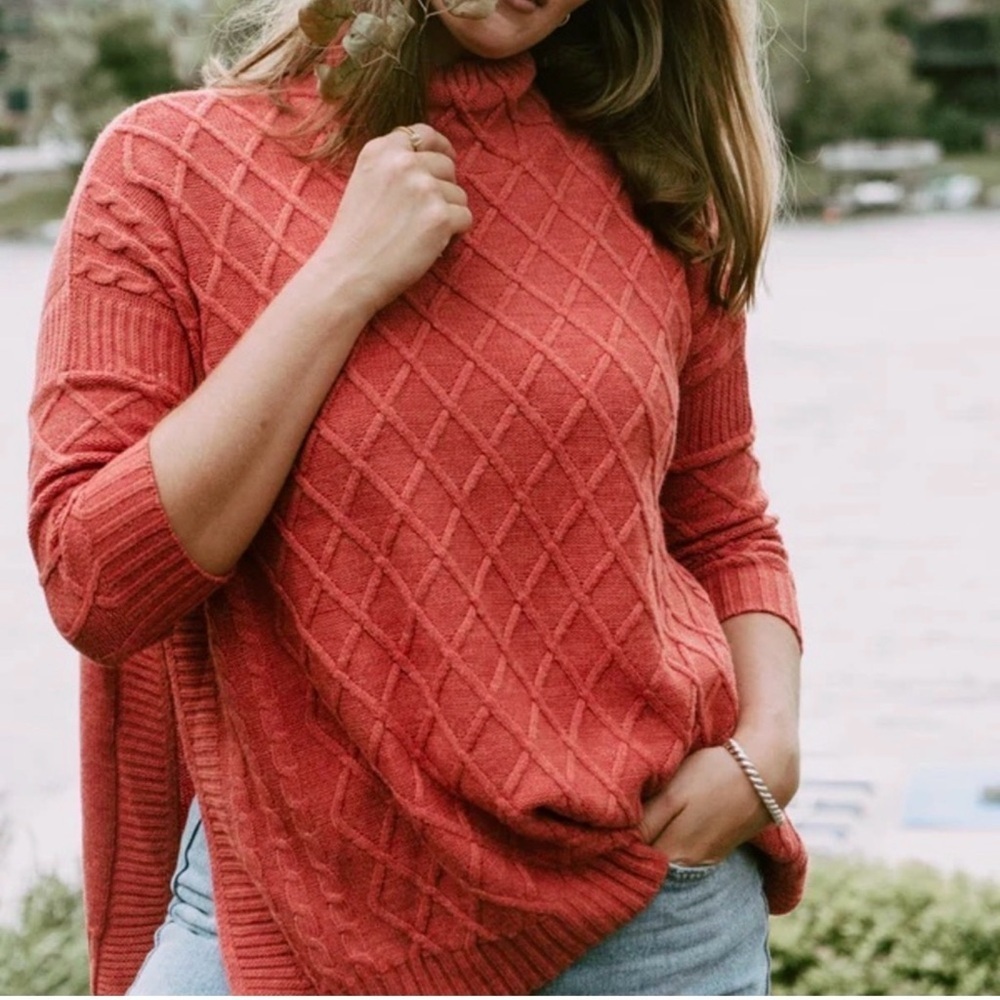 Mer Sea Red Lisbon Traveler Lattice Knit Turtleneck Pullover Sweater One Size